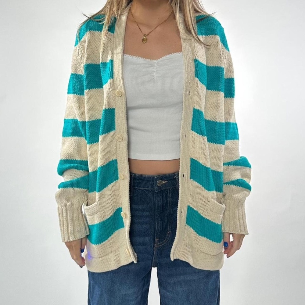 Vintage Striped Cardigan Preppy Medium Teal & Cream